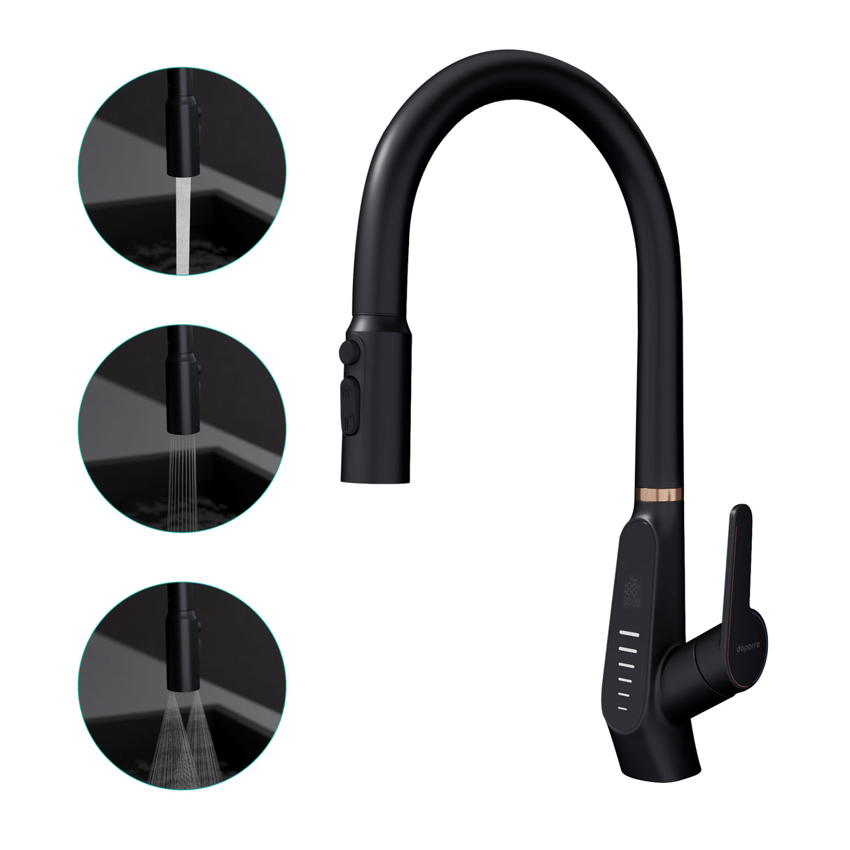 glasvilla Rubinetto da Cucina Estraibile con 3 Modalità e di Getto e Display digitale a LED Rubinetto per Lavello con Tubi e Accesorri Ruotabile a 360° MS-8085