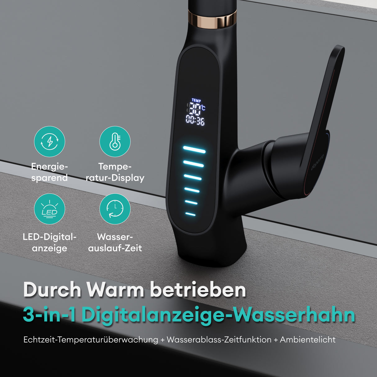 glasvilla Rubinetto da Cucina Estraibile con 3 Modalità e di Getto e Display digitale a LED Rubinetto per Lavello con Tubi e Accesorri Ruotabile a 360° MS-8085