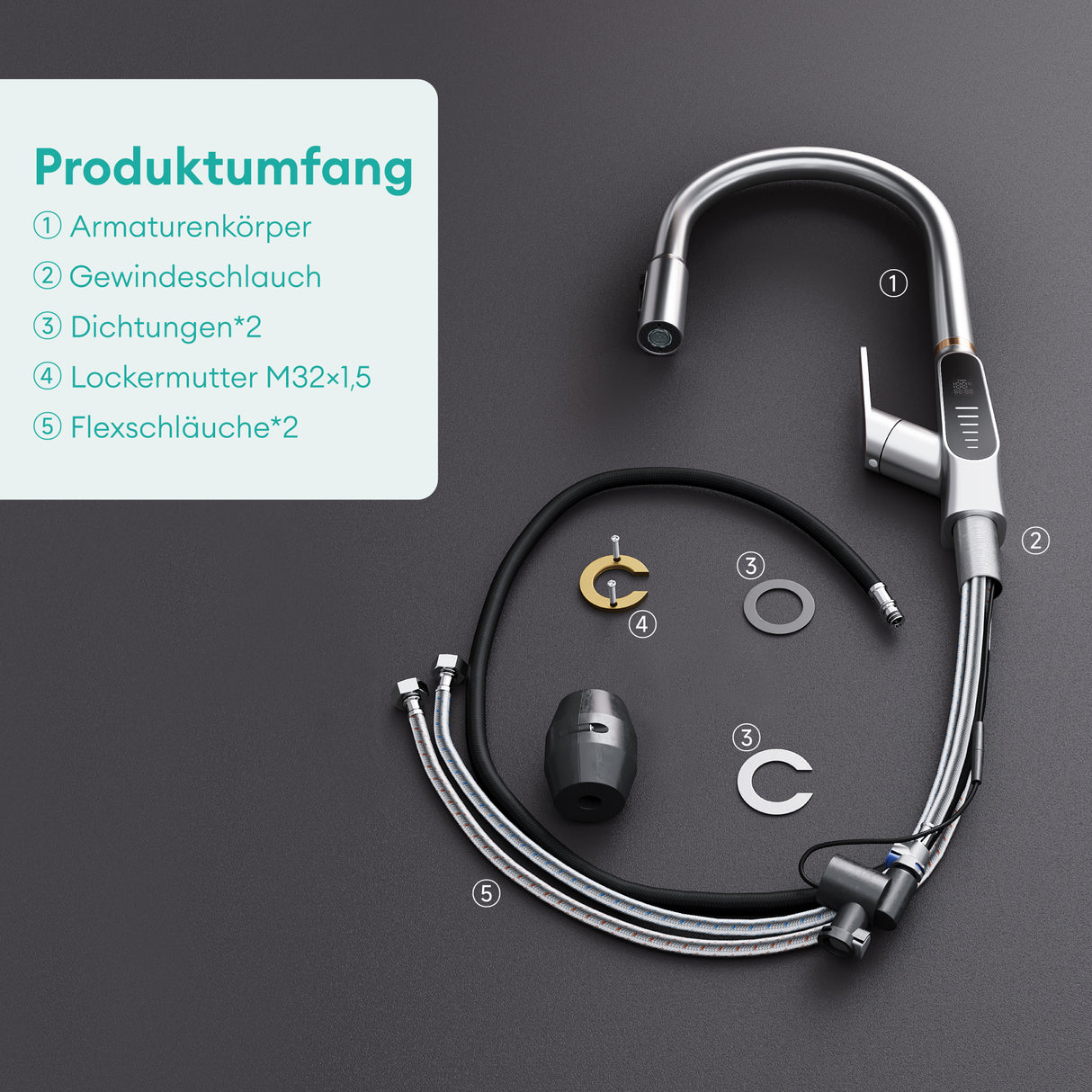 glasvilla Rubinetto da Cucina Estraibile con 3 Modalità e di Getto e Display digitale a LED Rubinetto per Lavello con Tubi e Accesorri Ruotabile a 360° MS-8085