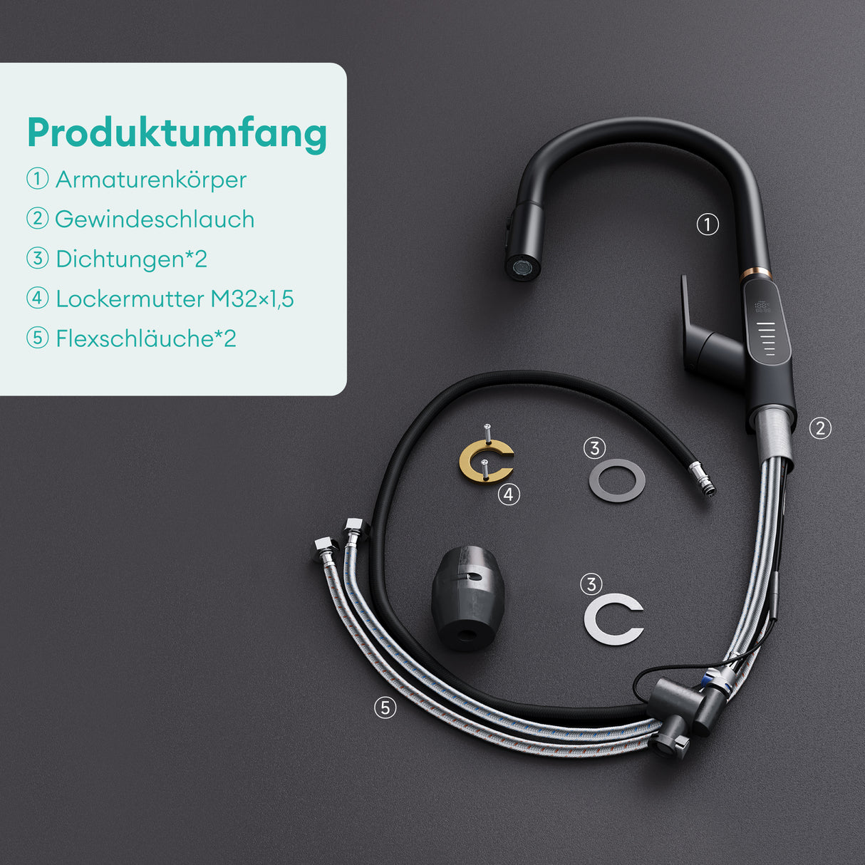 glasvilla Rubinetto da Cucina Estraibile con 3 Modalità e di Getto e Display digitale a LED Rubinetto per Lavello con Tubi e Accesorri Ruotabile a 360° MS-8085