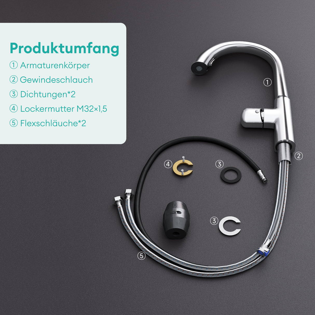 glasvilla Rubinetto da Cucina Miscelatore con Monocomando in Ottone Ruotabile a 360° Rubinetto da Cucina con Tubi e Accesorri, MS-8095