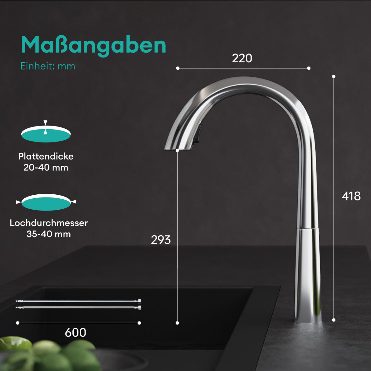 glasvilla Rubinetto da Cucina Miscelatore con Monocomando in Ottone Ruotabile a 360° Rubinetto da Cucina con Tubi e Accesorri, MS-8095