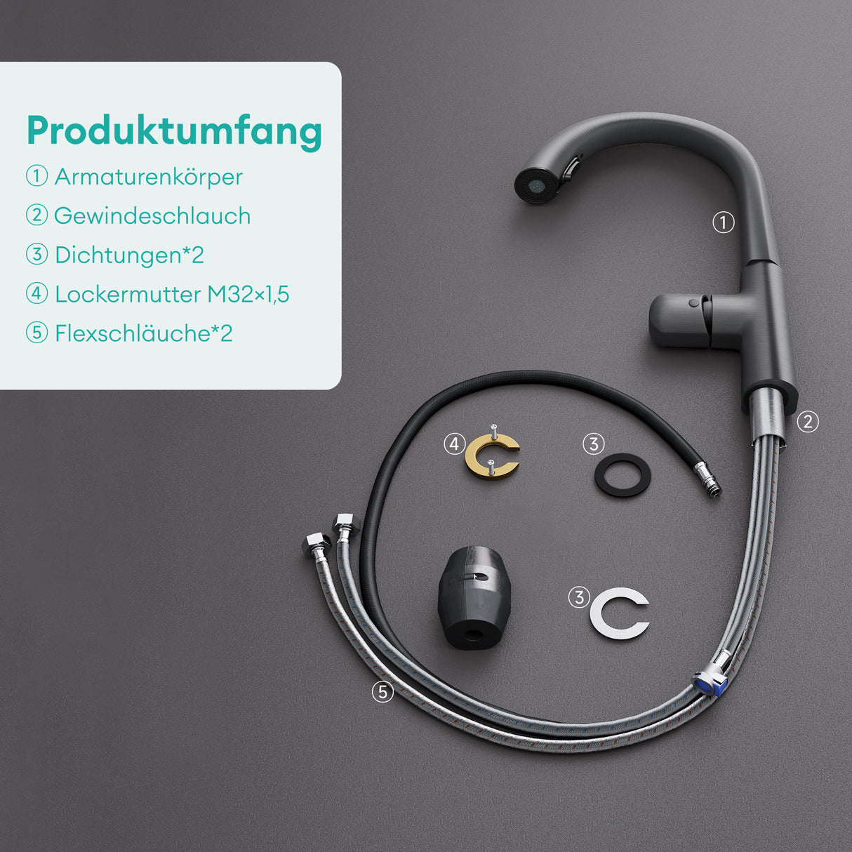 glasvilla Rubinetto da Cucina Miscelatore con Monocomando in Ottone Ruotabile a 360° Rubinetto da Cucina con Tubi e Accesorri, MS-8095