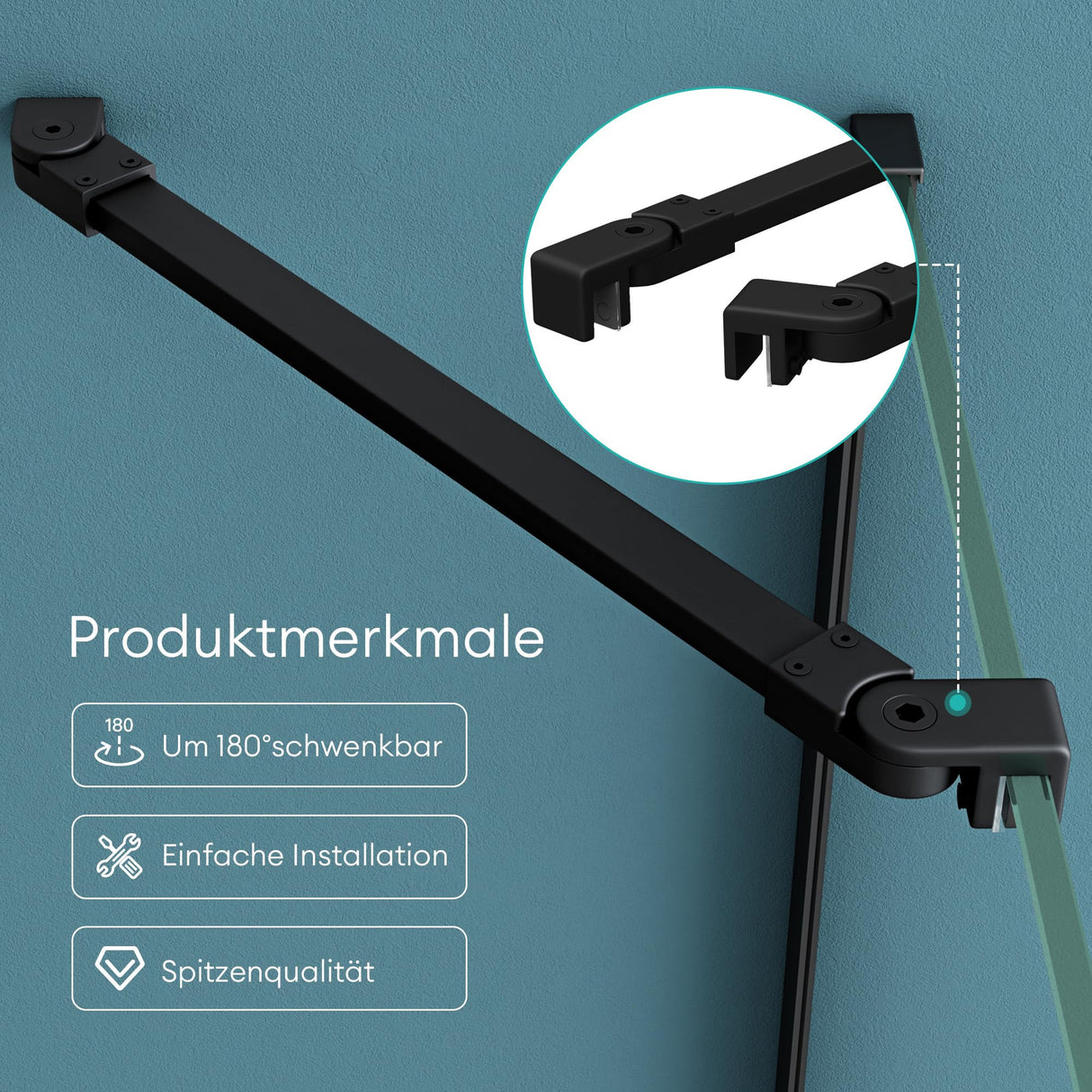 Barre de support pour paroi de douche Glasvilla | Stabilisateur de paroi vitrée pour douches à l'italienne | Pivote à 180° pour verre de 6 à 10 mm d'épaisseur