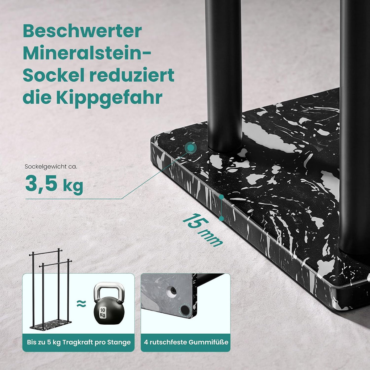 glasvilla Handtuchständer freistehend mit 2 Stangen, Handtuchhalter stehend Handtuchhalter ohne Bohren 55 × 20 × 82,5 , Edelstahl, Mineralstein-Sockel mit Ablage, Tavrin-09