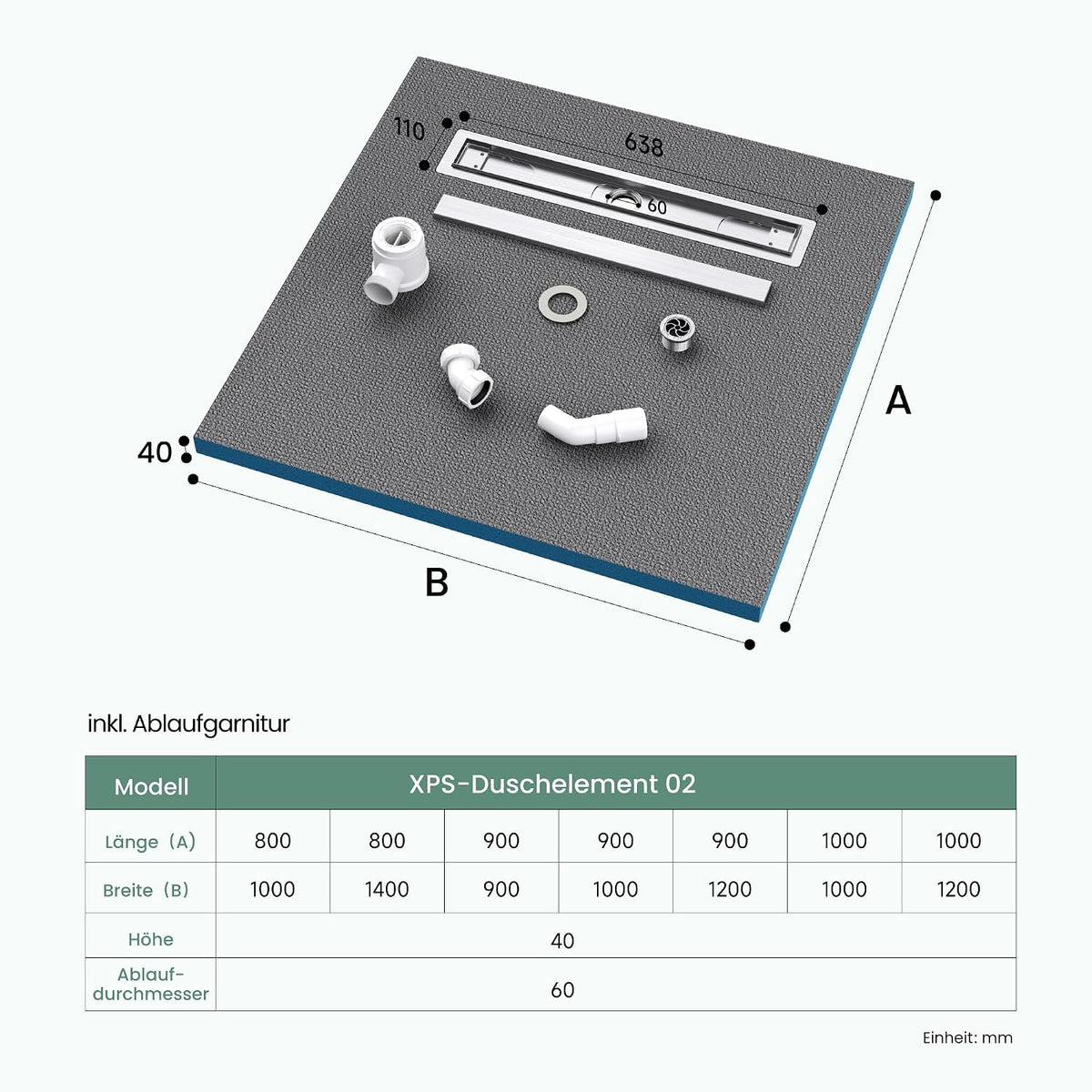 glasvilla Duschwanne inkl. Duschrinne und Ablaufgarnitur Duschtasse bodeneben Gefälleplatte, Duschboard befliesbar Duschelemente, XPS-Duschboard02