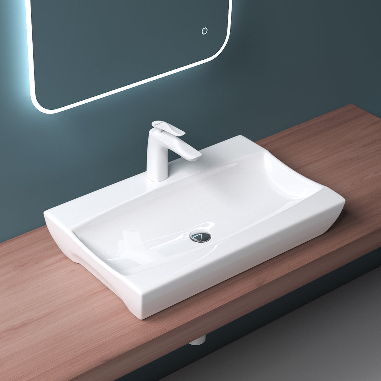 Lavabo à poser Glasvilla, Lavabo suspendu, Dimensions (L x H x P) : 63 x 40 x 12 cm, Céramique blanche avec revêtement nano, Bruxelles 890