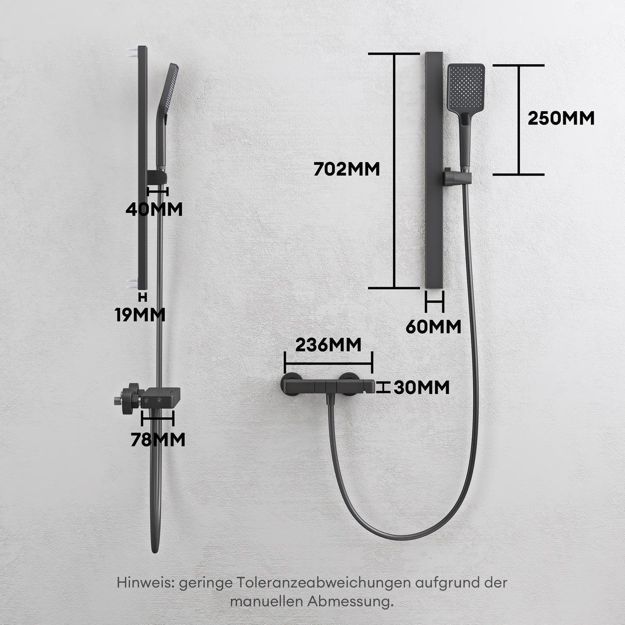 glasvilla Duschsystem mit Regendusche Duschkopf 3 Strahlarten höhenverstellbar Duschbrause mit Unterauslauf aus Aluminium Duschsystem10