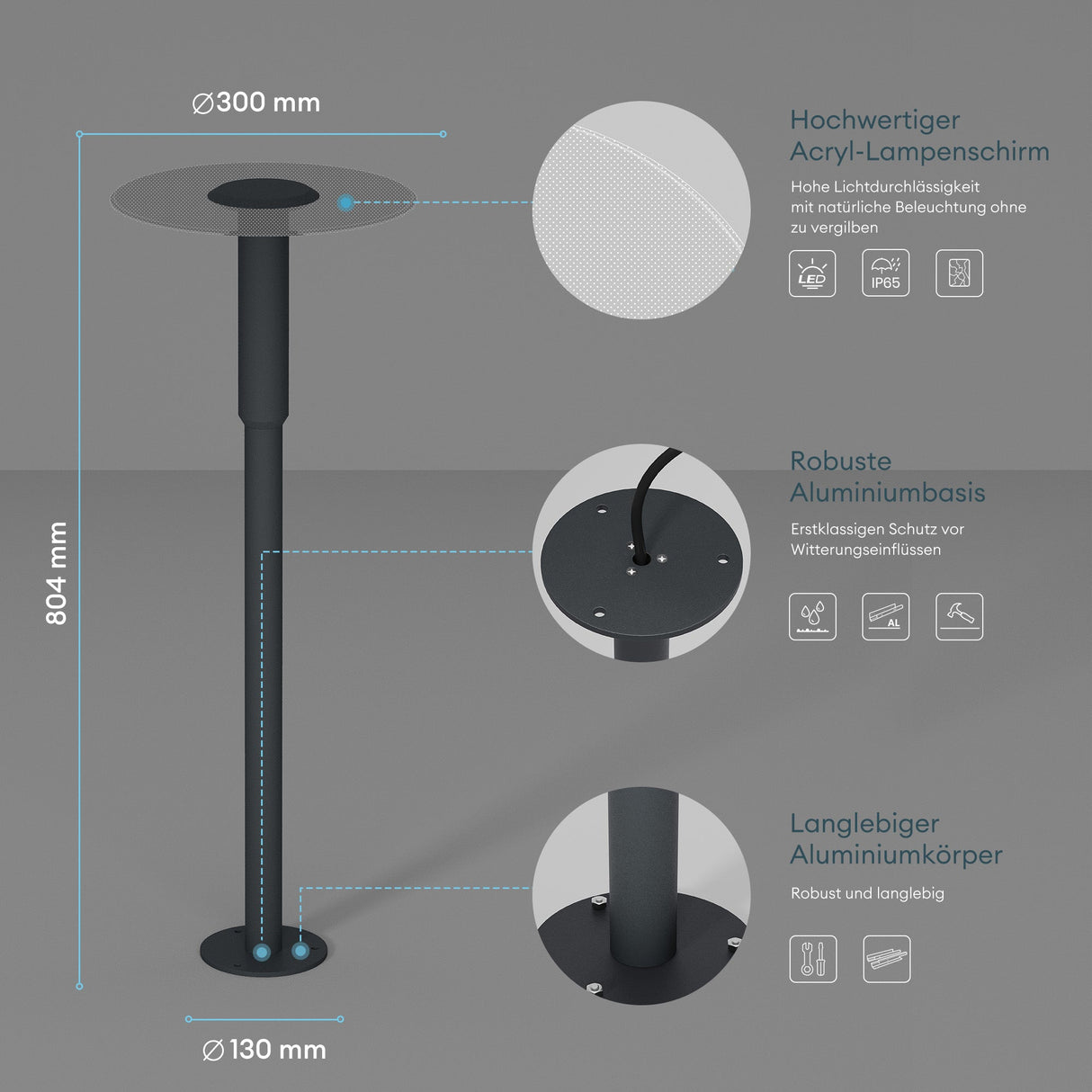 glasvilla Lampione da Giardino ⌀300xH804mm IP65 Luminoso da Giardino 3000K| Lampada da Terra per Esterni 6W Paletti Esterni per Giardini, Parchi, Aree Residenziali e Ingressi StellaeLights