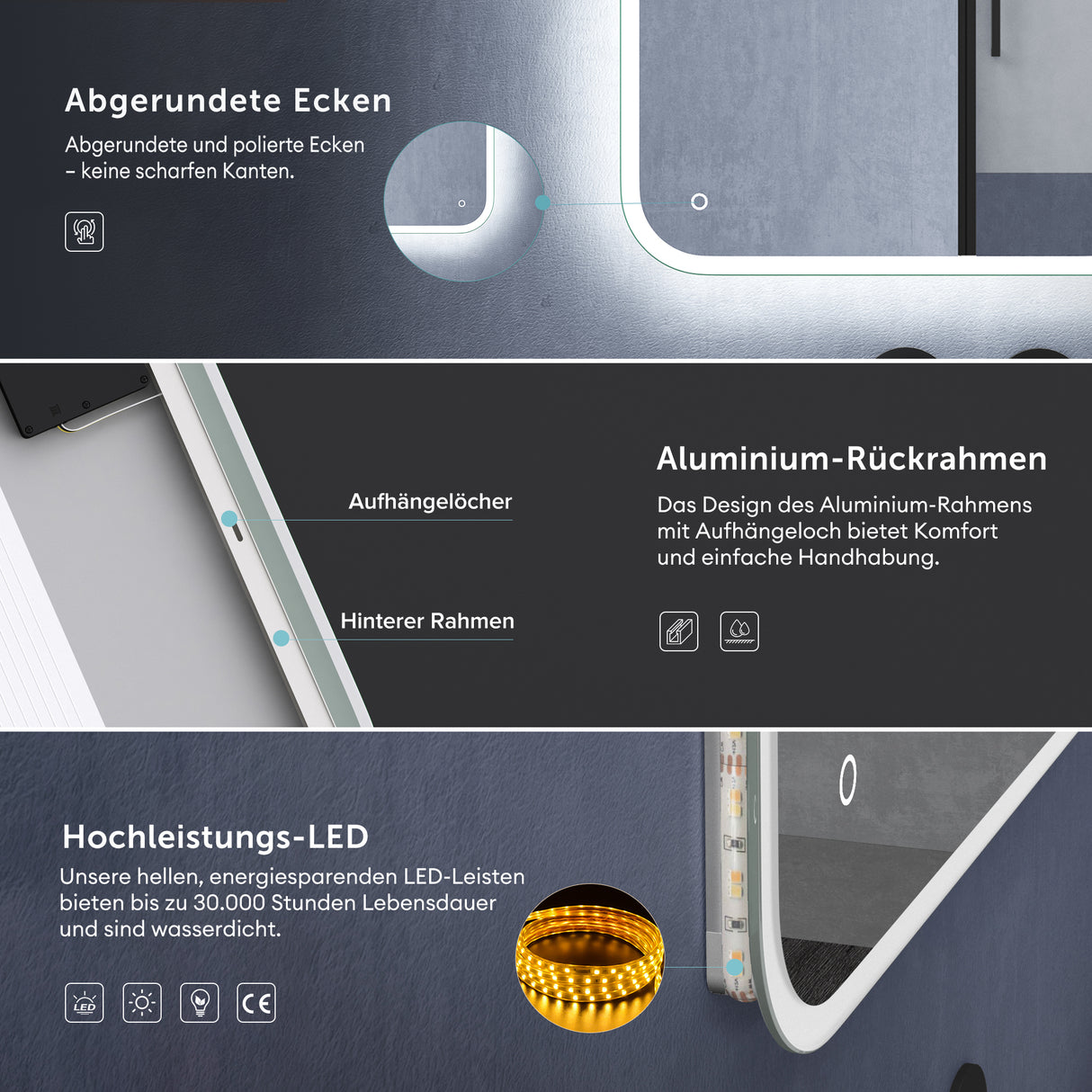 glasvilla Miroir Mural de Salle de Bain Miroir de Salle de Bain LED avec Interrupteur Tactile Antibuée Couche Antibuée