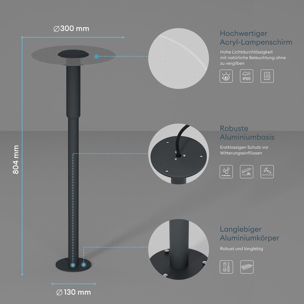 glasvilla Lampione da Giardino ⌀300xH804mm IP65 Luminoso da Giardino 3000K| Lampada da Terra per Esterni 6W Paletti Esterni per Giardini, Parchi, Aree Residenziali e Ingressi StellaeLights