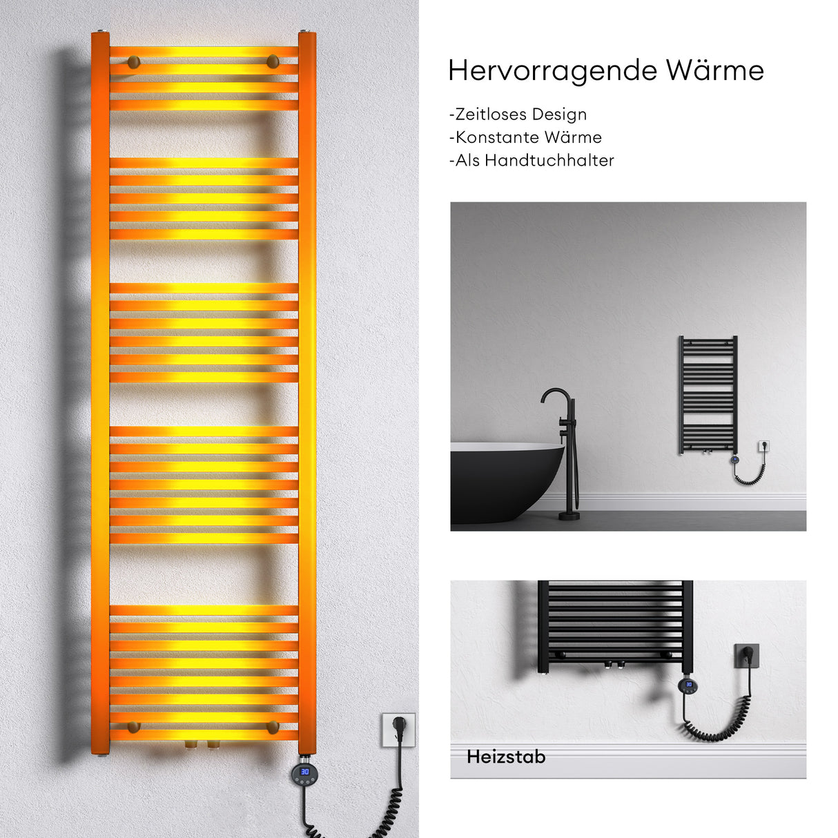 glasvilla Radiateur de Salle de Bain Sèche-Serviettes Électrique avec Raccordement Latéral Radiateur Tubulaire RHE avec Élément Chauffant 02