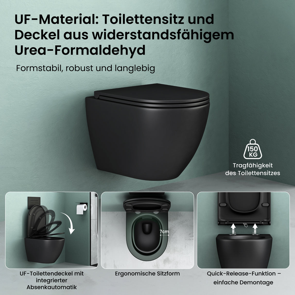 Glasvilla Design Inodoro Suspendido Negro Sin Borde Aachen179 – WC con Asiento Soft-Close