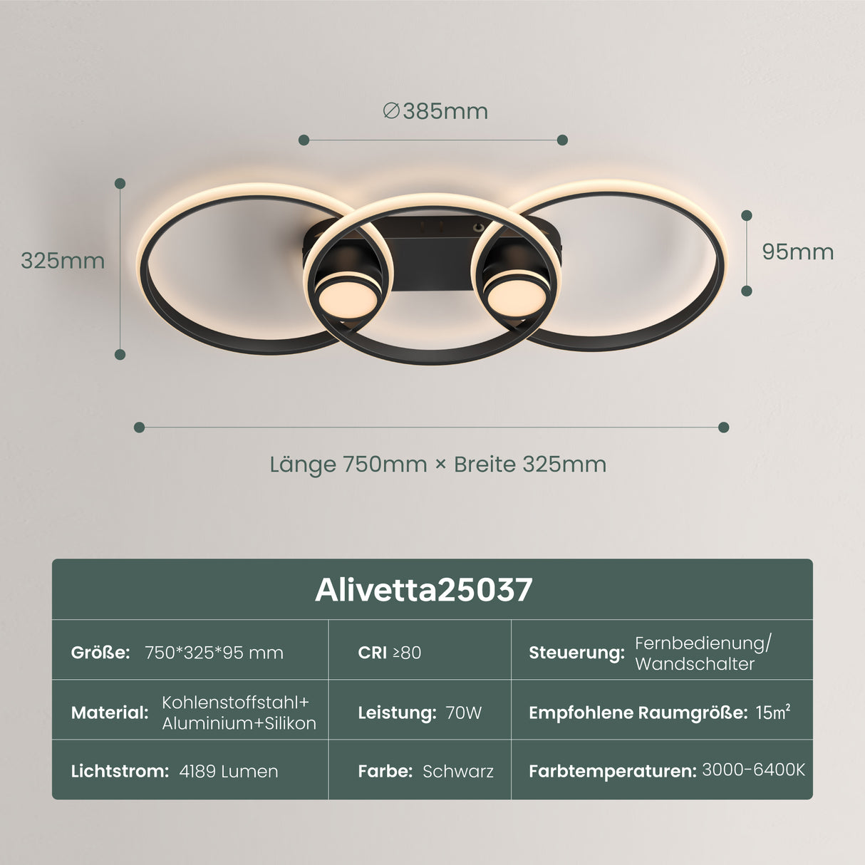 Glasvilla Design – Lámpara de techo LED negra con mando a distancia, regulable 3000–6400K (70W, 75 cm)