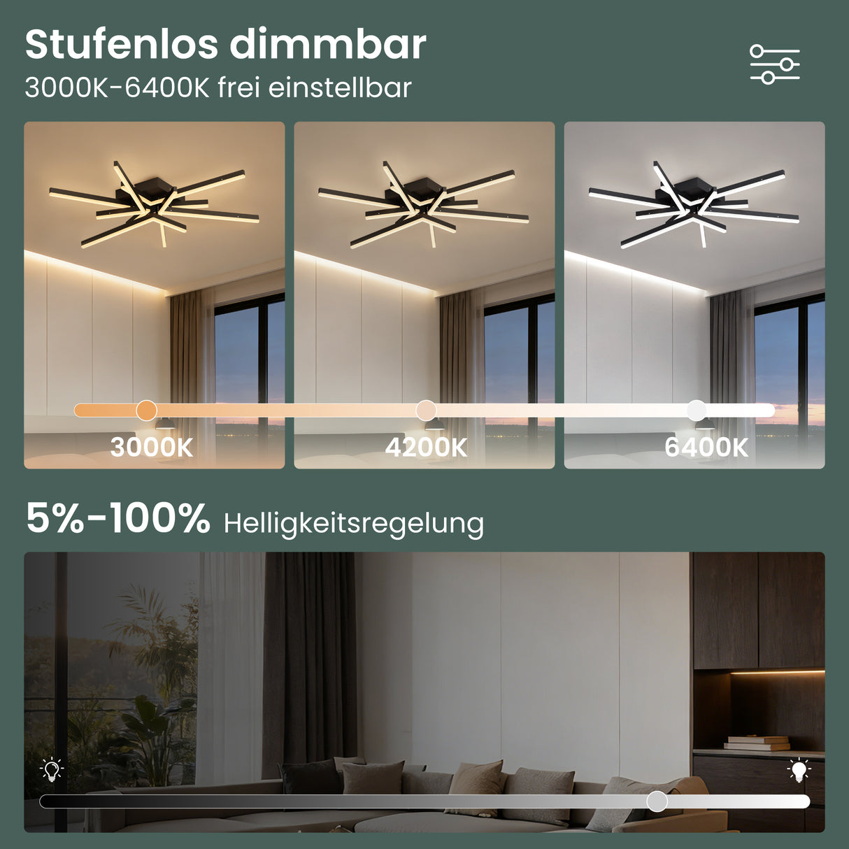 glasvilla LED Deckenleuchte Deckenlampe mit Fernbedienung 80cm, Stufenlos dimmbar 3000-6400K, Zimmerlampe 71W Schwarz für Schlafzimmer, Wohnzimmer, Arbeitszimmer, Flur Alivetta25038