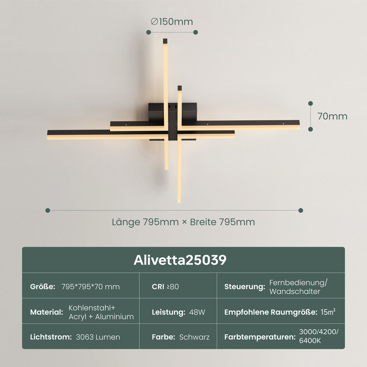 glasvilla LED Deckenleuchte Deckenlampe mit Fernbedienung 795mm, Stufenlos dimmbar 3000-6400K, Zimmerlampe 48W Schwarz für Schlafzimmer, Wohnzimmer, Arbeitszimmer, Flur Alivetta25039
