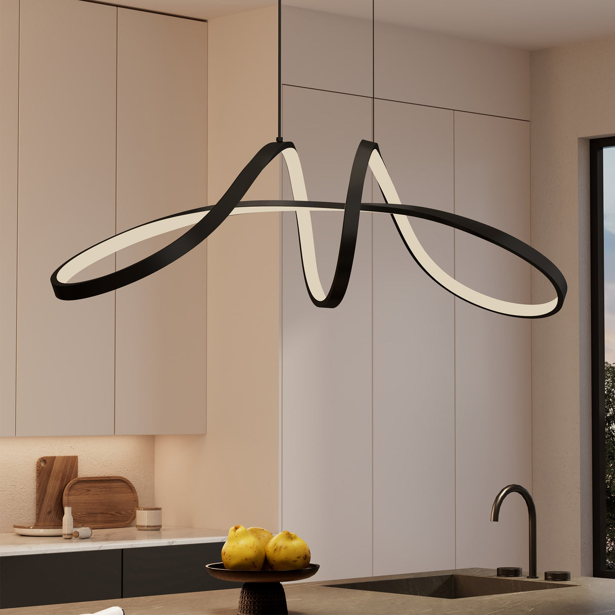 Suspension Glasvilla 90 cm, lampe LED suspendue, design ondulé dynamique, température de couleur réglable 3000K/4000K/6000K, câble 30W, noire, idéale pour salle à manger, salon ou chambre.