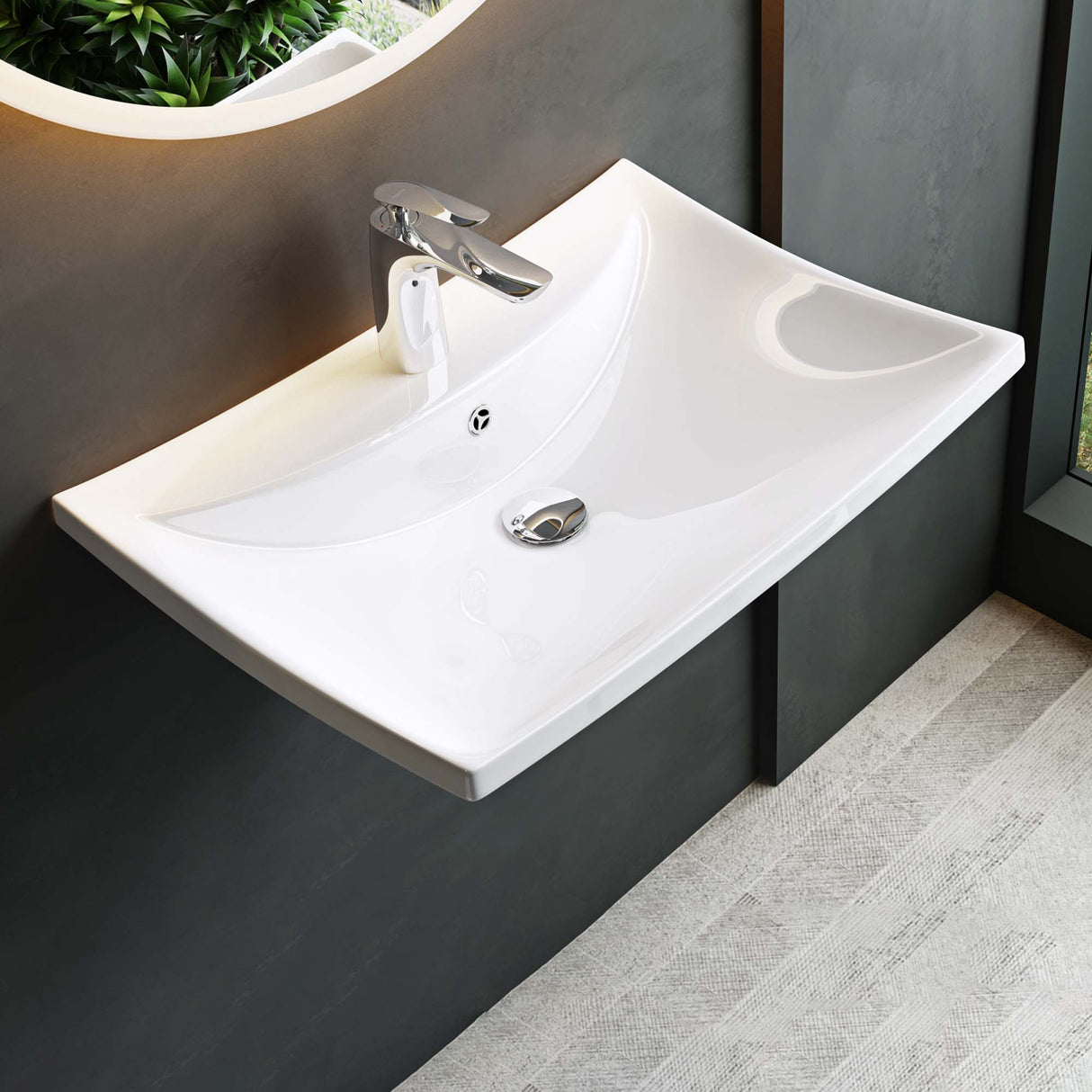 Lavabo à poser Glasvilla, lavabo suspendu, dimensions L x P x H : 60 x 44 x 18 cm, céramique blanche avec nano-revêtement, Bruxelles 709