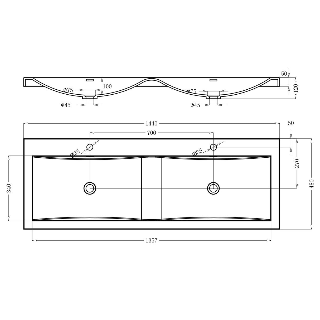 Lavabo Glasvilla, vasque encastrée, meuble sous-vasque, 2 vasques, en fonte minérale, rectangulaire, 2 trous de robinetterie, avec trop-plein, Col03