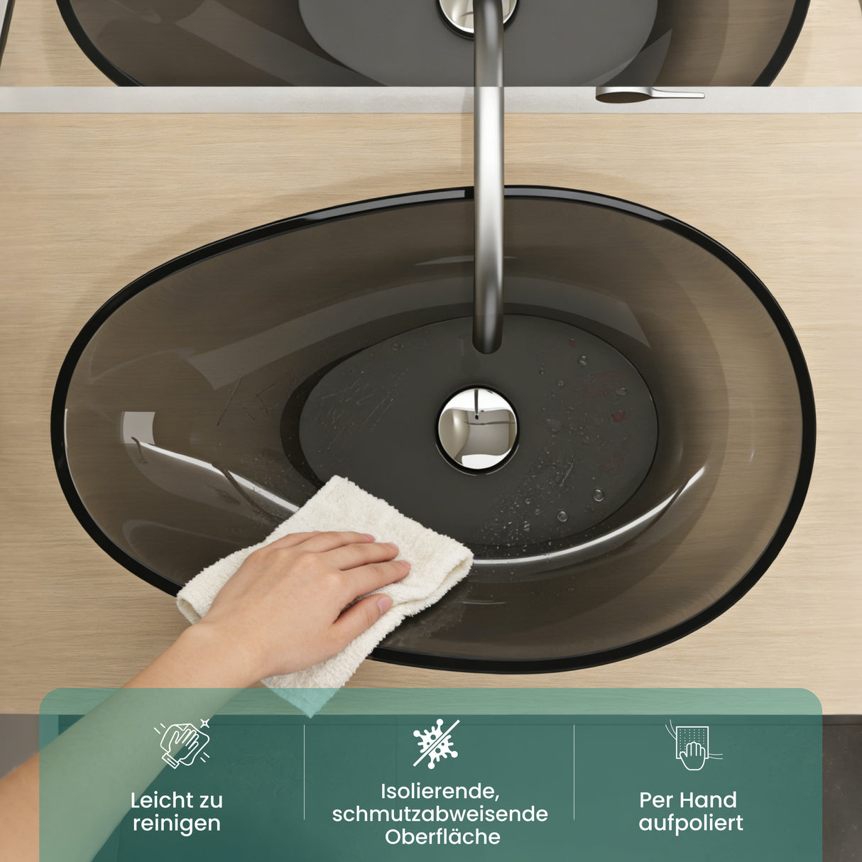 glasvilla Lavabo da Appoggio in Resina 60x36x14cm, Lavabo da Bagno Ovale Senza Foro Rubinetto e Troppopieno, Coloria04