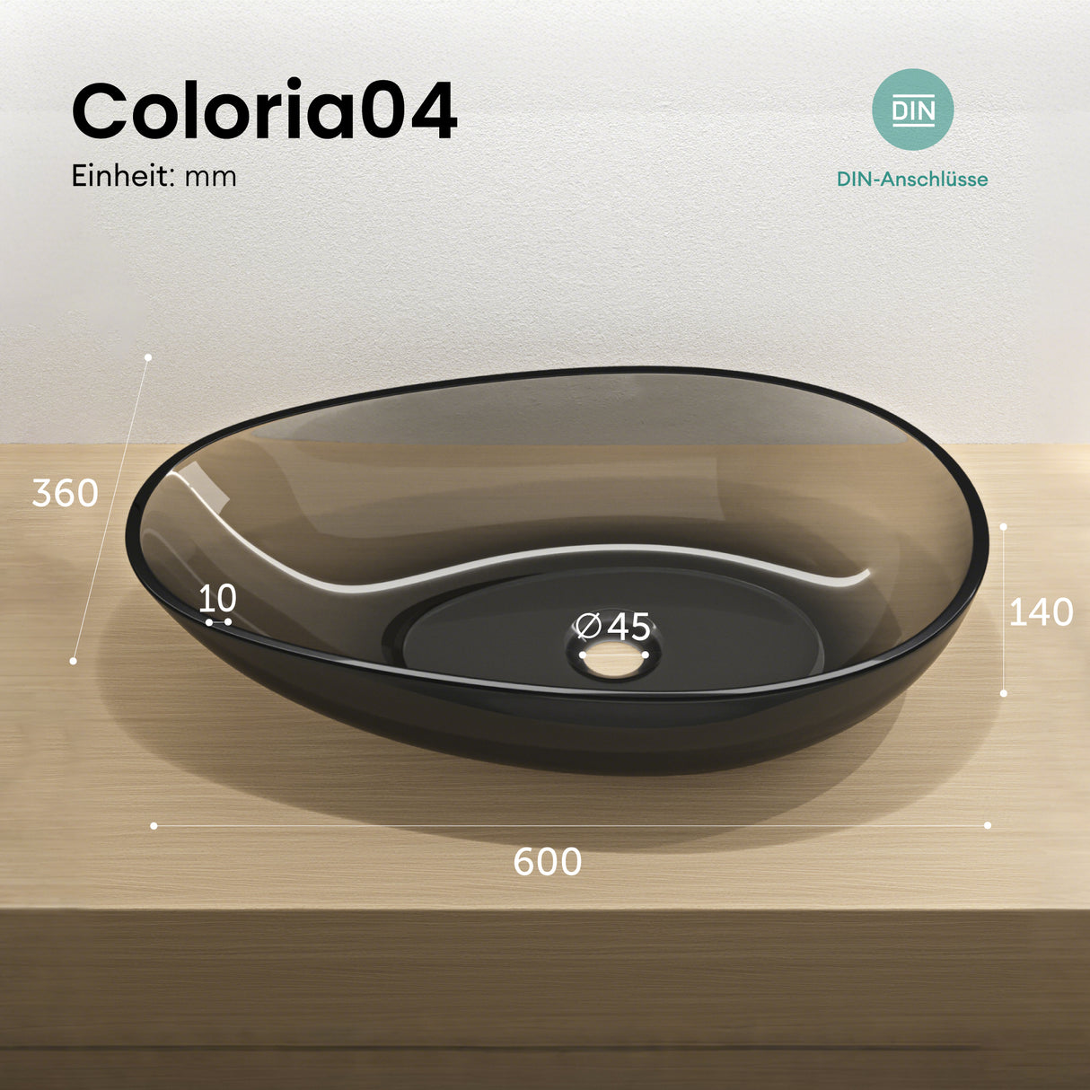 glasvilla Lavabo da Appoggio in Resina 60x36x14cm, Lavabo da Bagno Ovale Senza Foro Rubinetto e Troppopieno, Coloria04