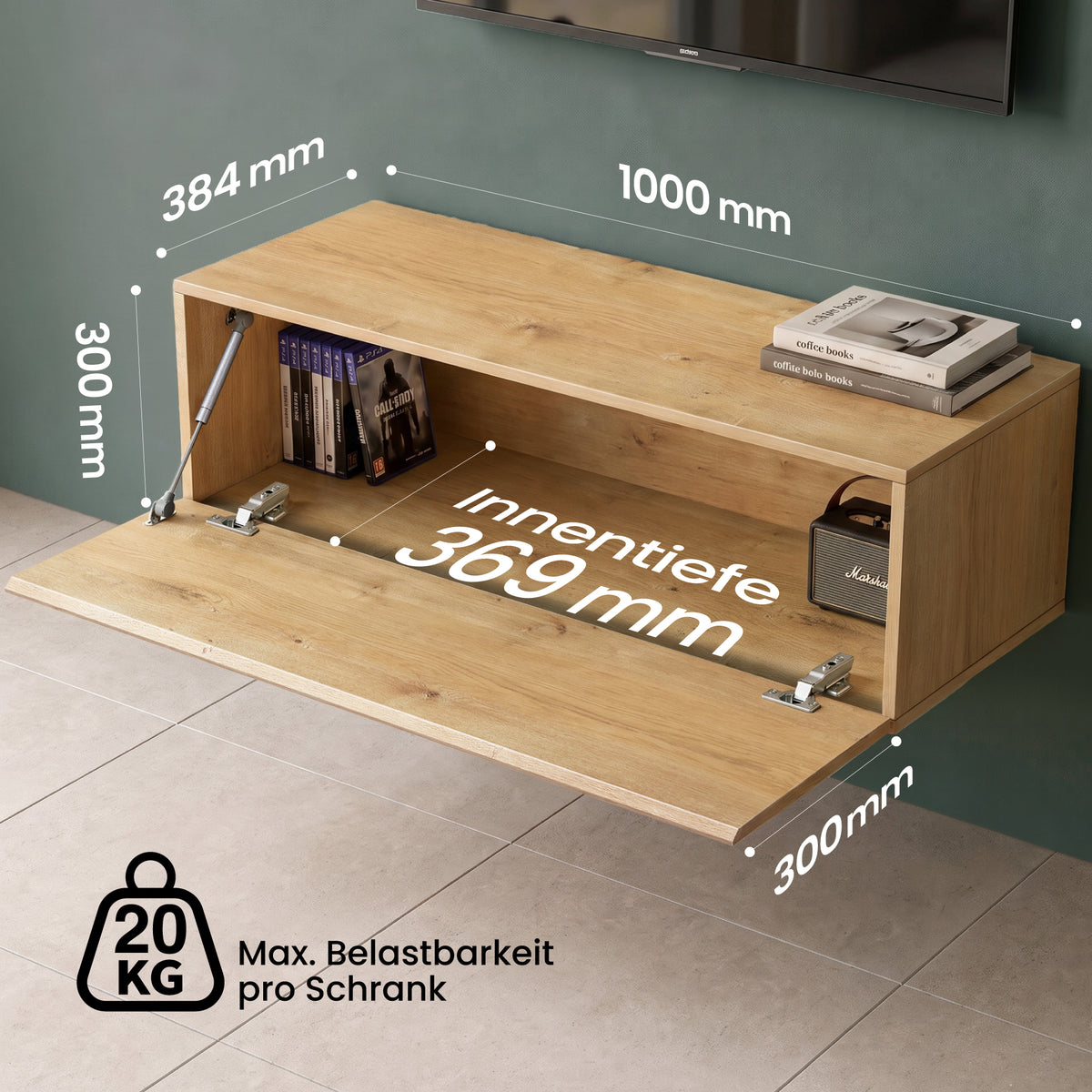 Glasvilla Design – Mueble TV suspendido con cierre suave y tirador oculto (Fernsehschrank02)
