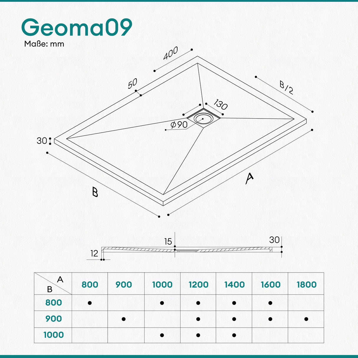 Receveur de douche Glasvilla en matériau minéral moulé, raccords DIN Geoma09
