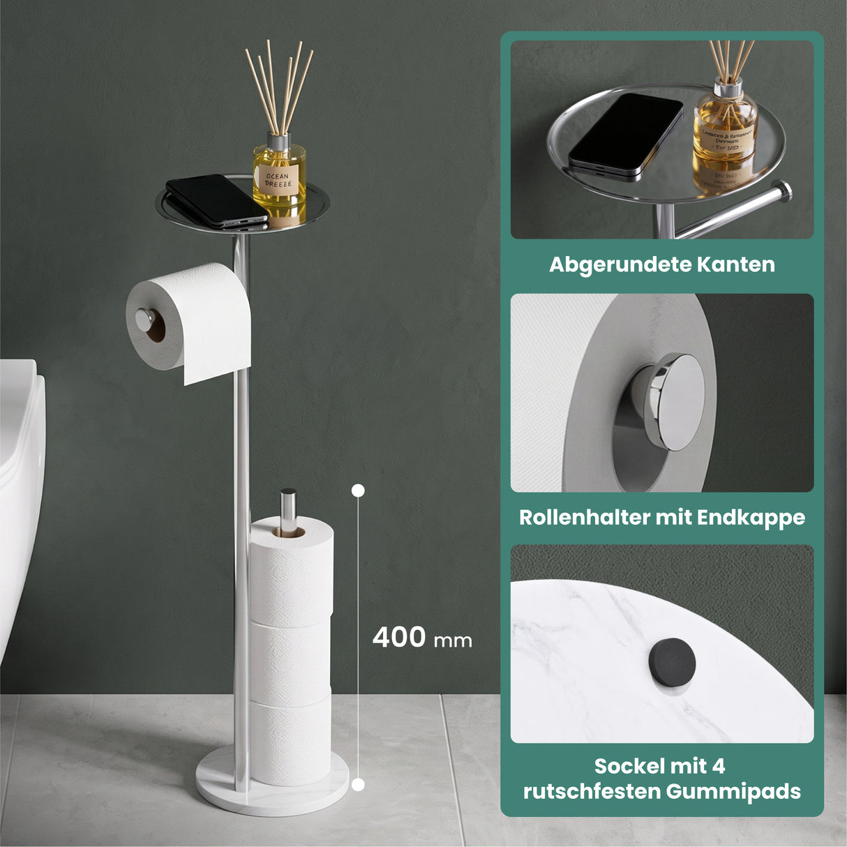 glasvilla Klopapierhalter Stehend, Toilettenpapierhalter | Edelstahl, Klorollenhalter freistehend, Toilettenpapier Aufbewahrung für 4 Rollen, ohne Bohren, für Badezimmer & WC Lino-06