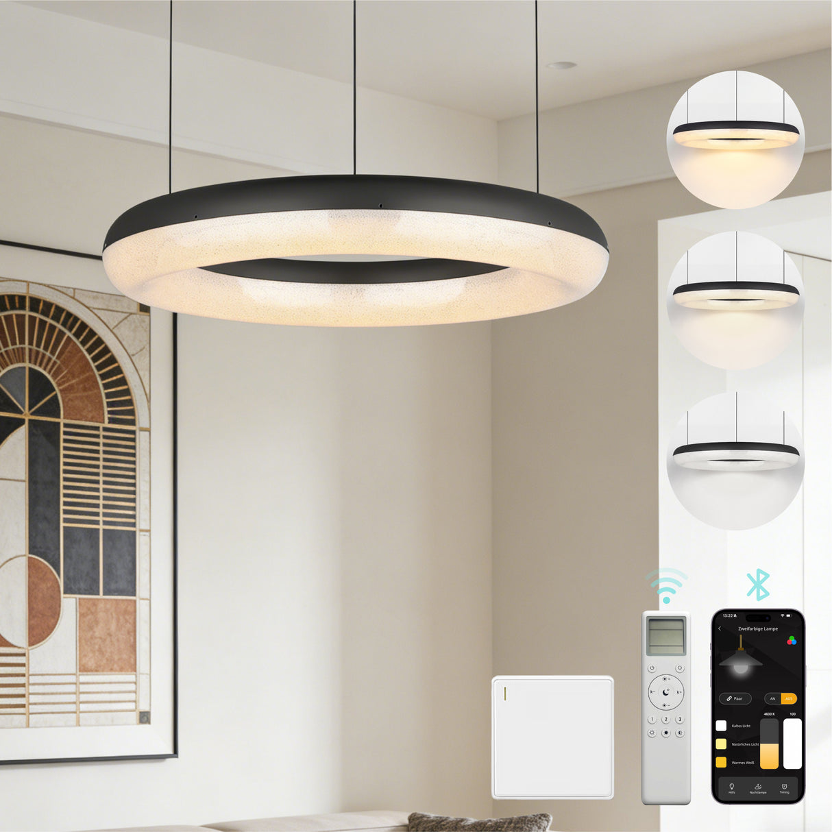 glasvilla Pendelleuchte Esstisch, LED Moderne Hängelampe, stufenlos dimmbar 3000K–6000K, höhenverstellbare Design Esstischlampe mit Fernbedienung & Wandschalter, Luvina03