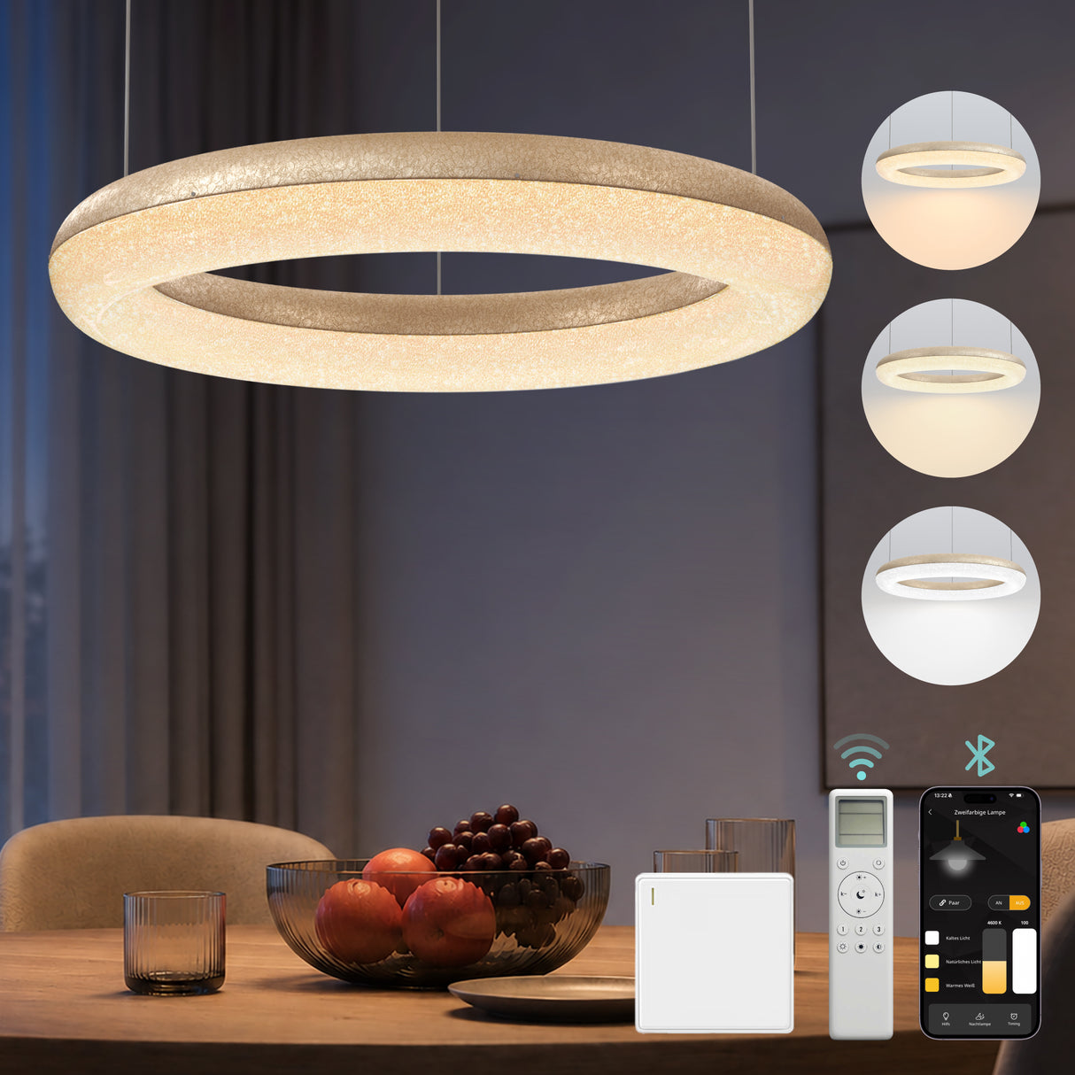 glasvilla Pendelleuchte Esstisch, LED Moderne Hängelampe, stufenlos dimmbar 3000K–6000K, höhenverstellbare Design Esstischlampe mit Fernbedienung & Wandschalter, Luvina03