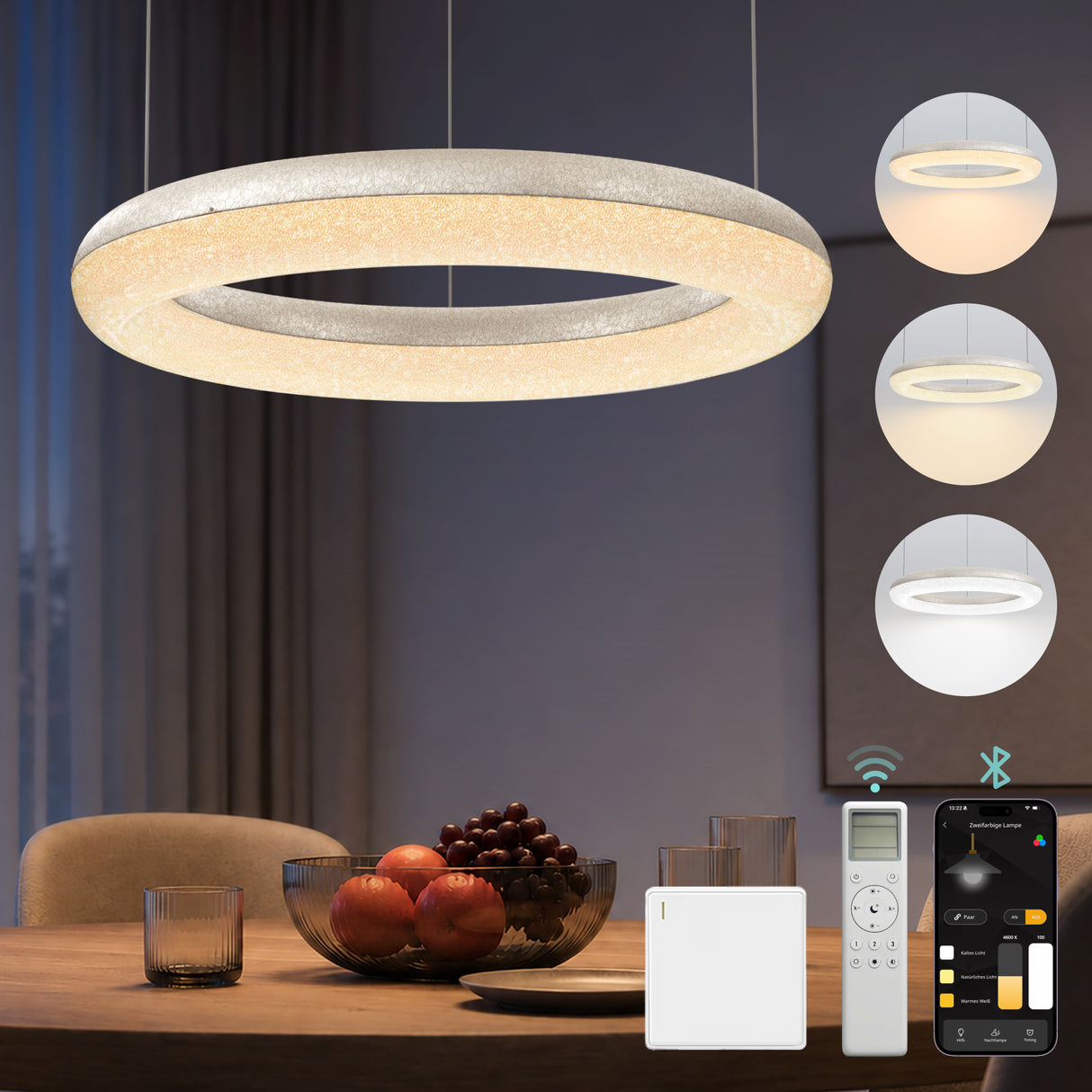 glasvilla Pendelleuchte Esstisch, LED Moderne Hängelampe, stufenlos dimmbar 3000K–6000K, höhenverstellbare Design Esstischlampe mit Fernbedienung & Wandschalter, Luvina03
