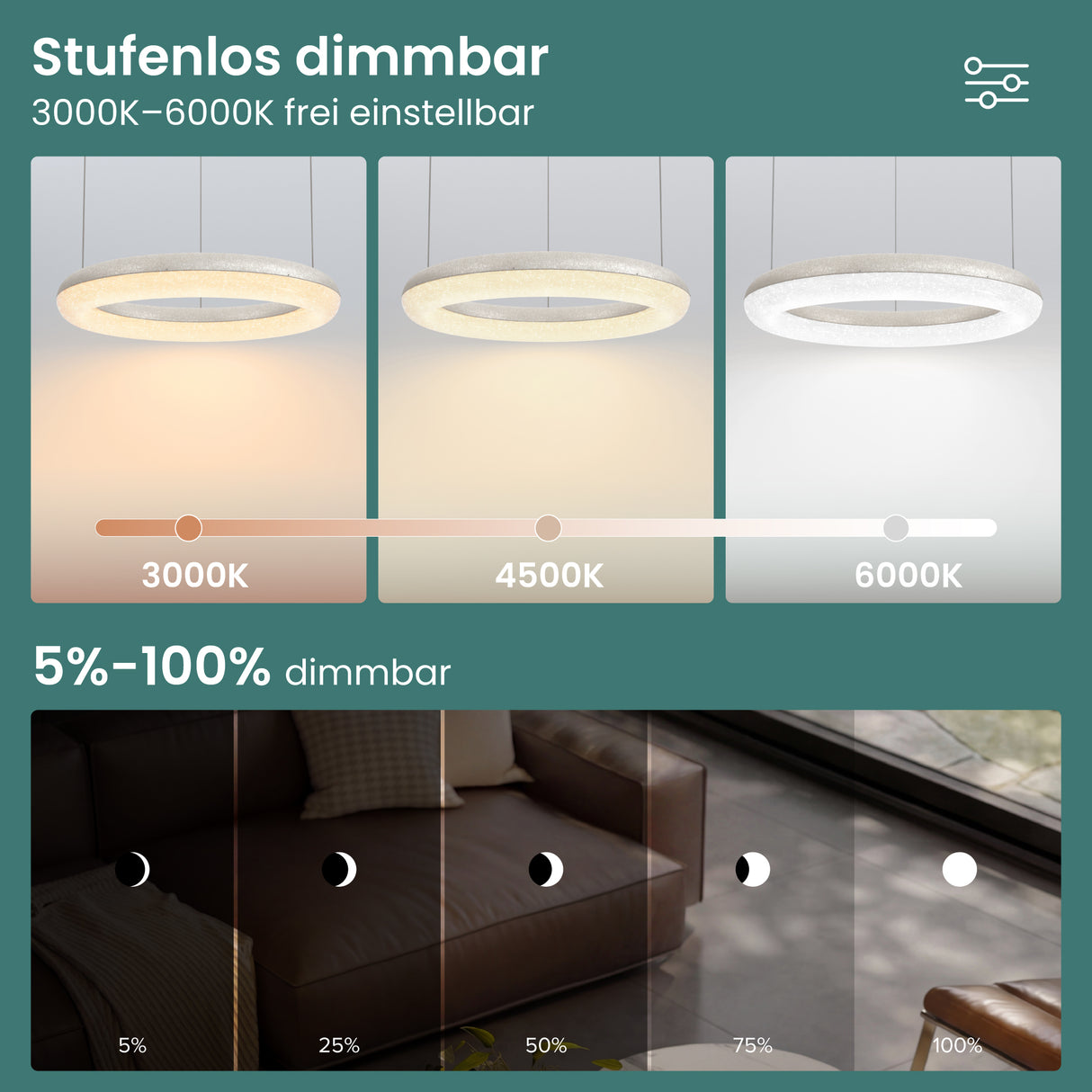 glasvilla Pendelleuchte Esstisch, LED Moderne Hängelampe, stufenlos dimmbar 3000K–6000K, höhenverstellbare Design Esstischlampe mit Fernbedienung & Wandschalter, Luvina03