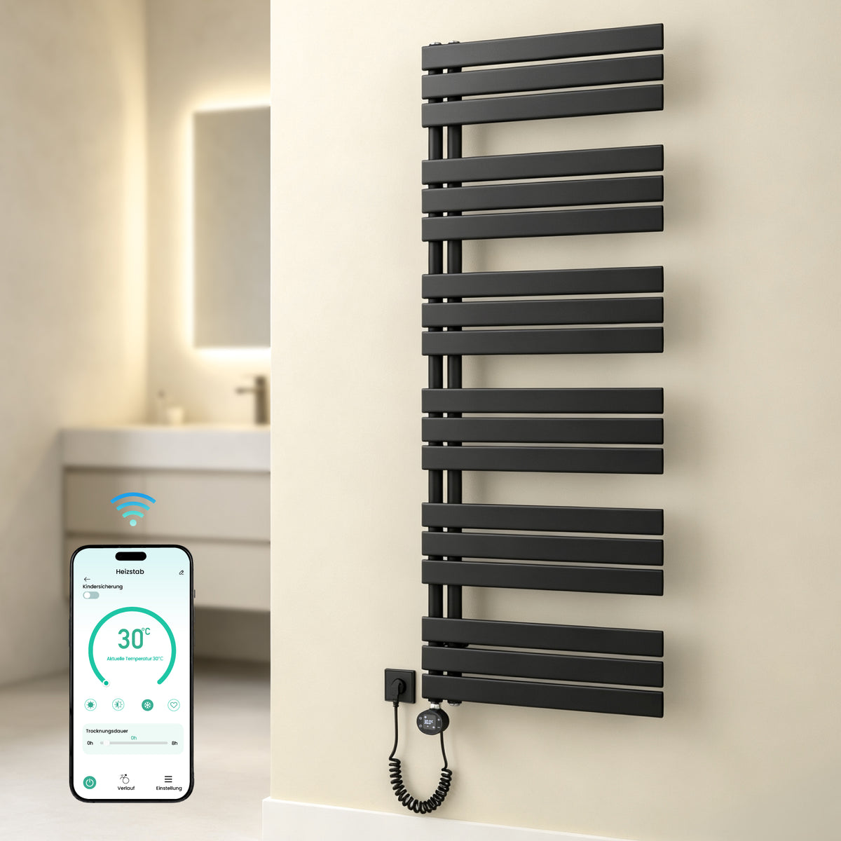glasvilla Badheizkörper,mit Heizstab Badheizung,Handtuchheizkörper mit Seitenanschluss, Handtuchwärmer mit Heizstab 600W/900W, App-Steuerung, Thermostat und Timerfunktion,FN con Heizstab-03