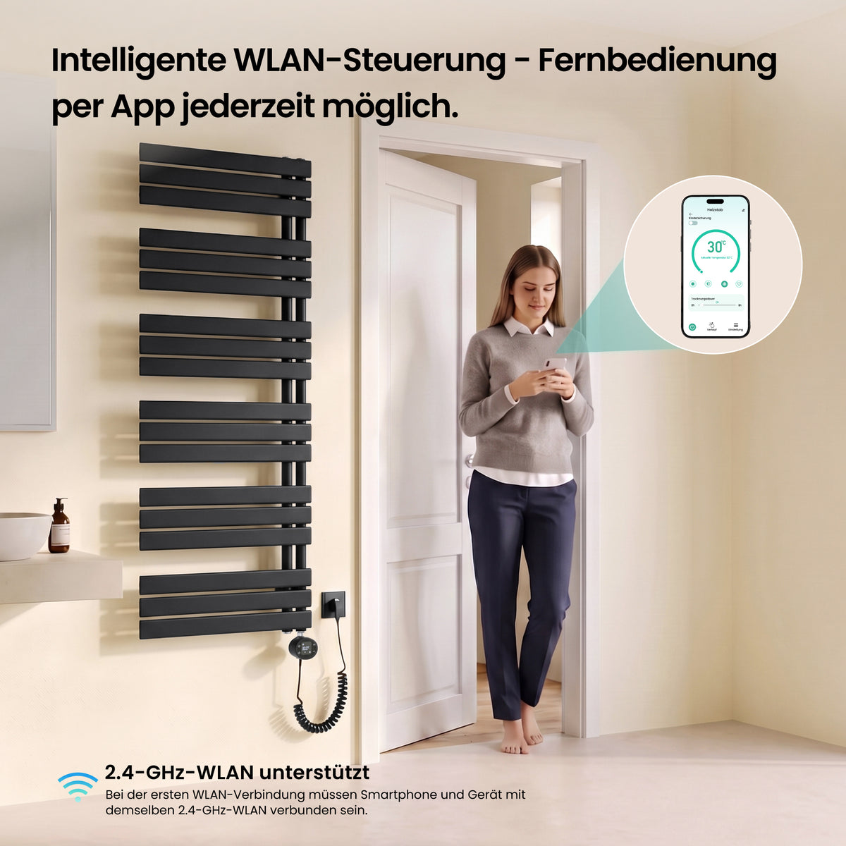 glasvilla Badheizkörper,mit Heizstab Badheizung,Handtuchheizkörper mit Seitenanschluss, Handtuchwärmer mit Heizstab 600W/900W, App-Steuerung, Thermostat und Timerfunktion,FN con Heizstab-03