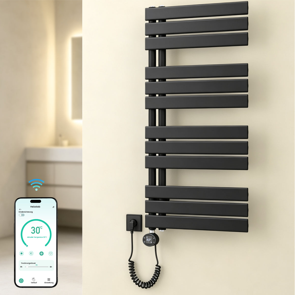 glasvilla Badheizkörper,mit Heizstab Badheizung,Handtuchheizkörper mit Seitenanschluss, Handtuchwärmer mit Heizstab 600W/900W, App-Steuerung, Thermostat und Timerfunktion,FN con Heizstab-03