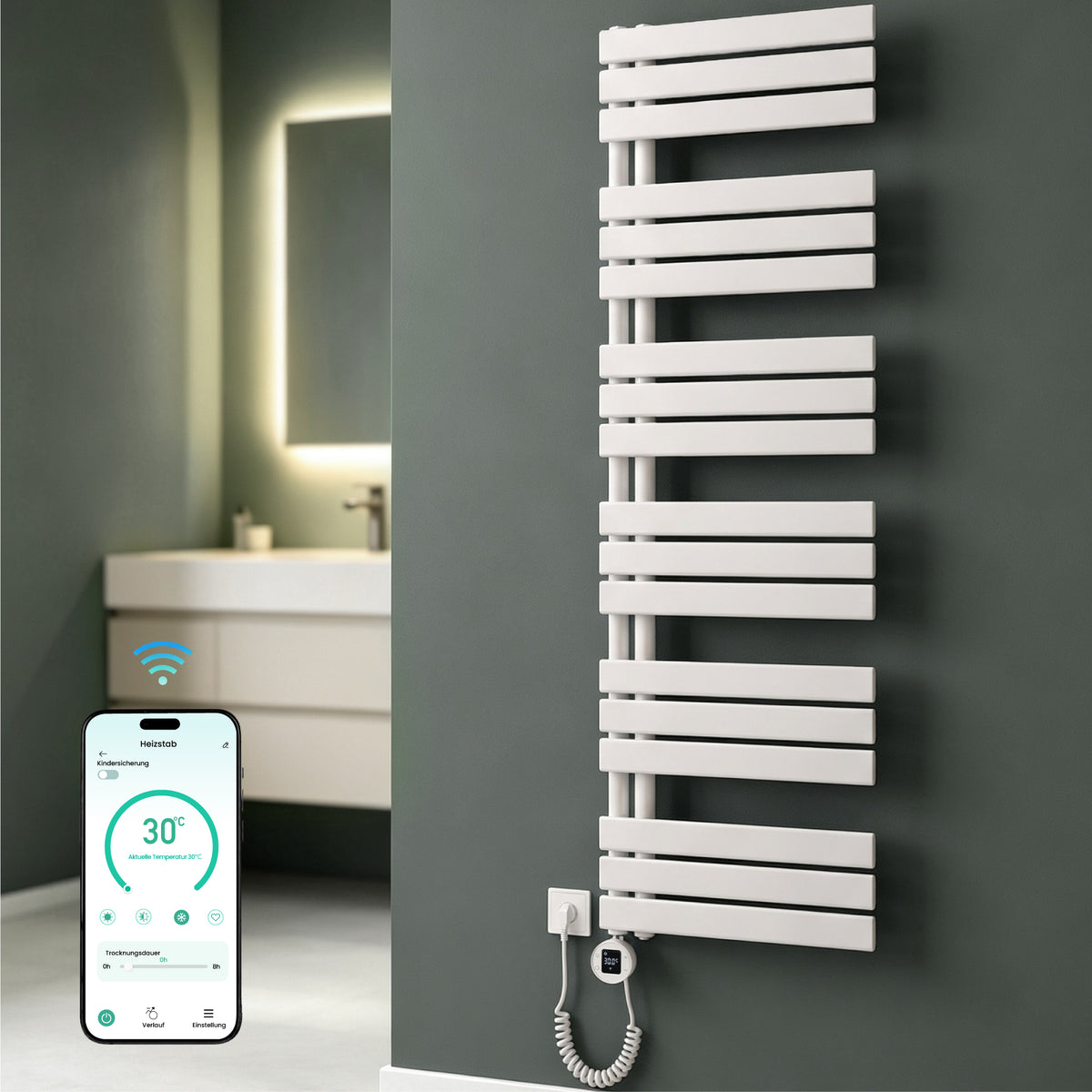 glasvilla Badheizkörper,mit Heizstab Badheizung,Handtuchheizkörper mit Seitenanschluss, Handtuchwärmer mit Heizstab 600W/900W, App-Steuerung, Thermostat und Timerfunktion,FN con Heizstab-03