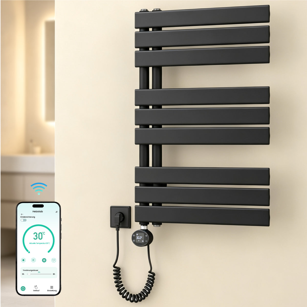 glasvilla Badheizkörper,mit Heizstab Badheizung,Handtuchheizkörper mit Seitenanschluss, Handtuchwärmer mit Heizstab 600W/900W, App-Steuerung, Thermostat und Timerfunktion,FN con Heizstab-03
