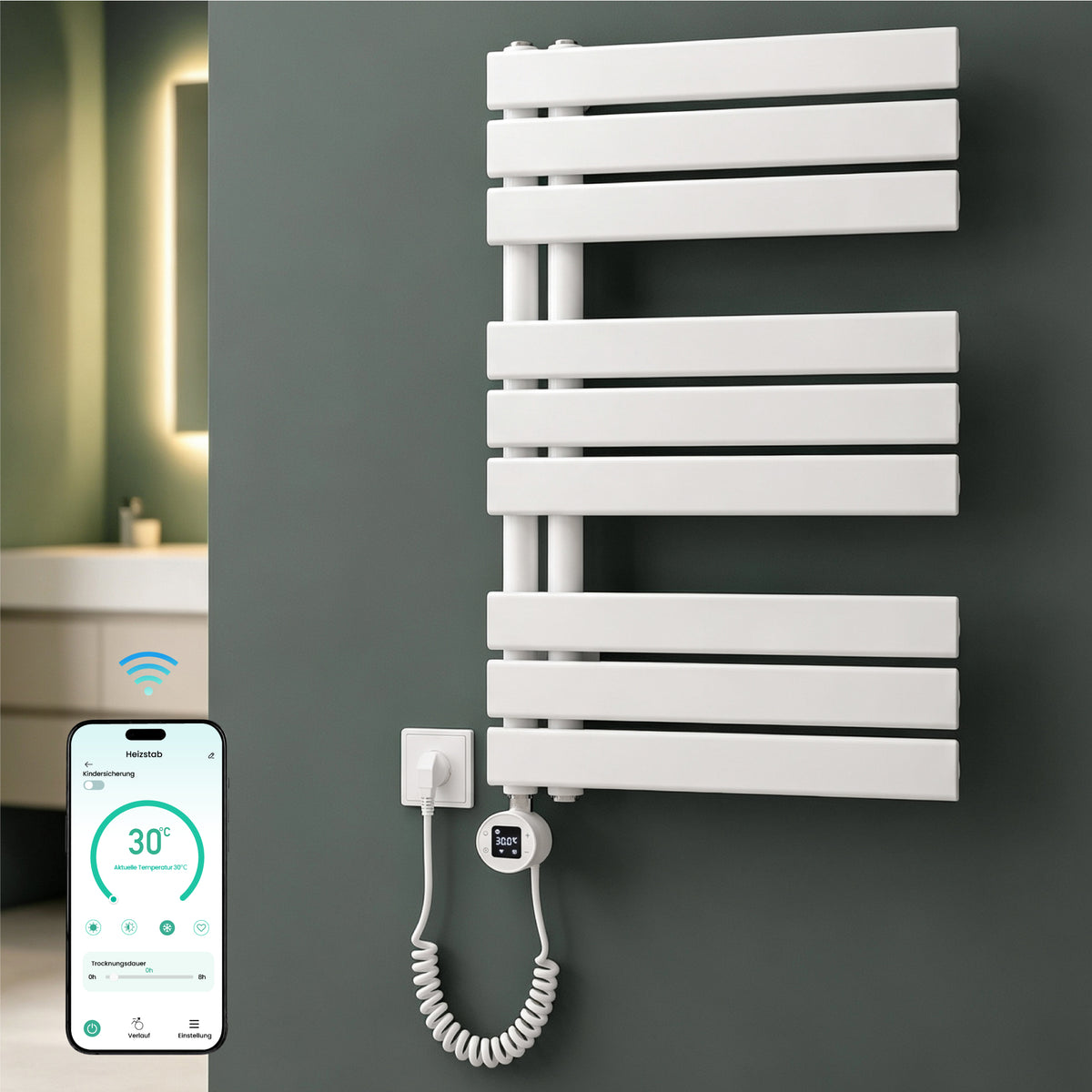 glasvilla Badheizkörper,mit Heizstab Badheizung,Handtuchheizkörper mit Seitenanschluss, Handtuchwärmer mit Heizstab 600W/900W, App-Steuerung, Thermostat und Timerfunktion,FN con Heizstab-03