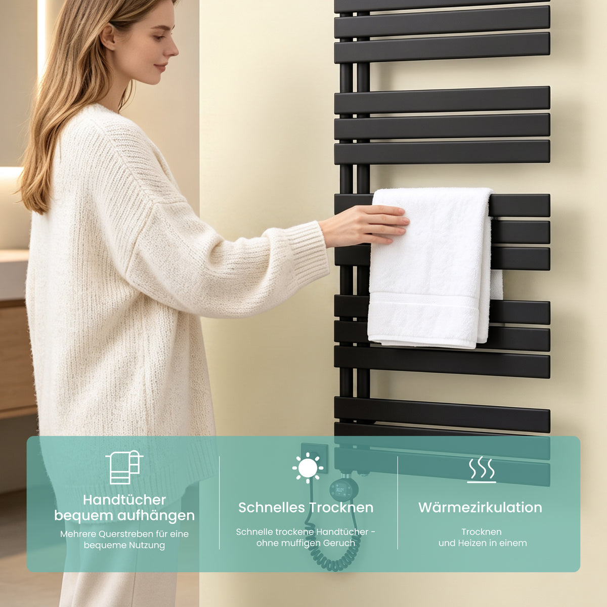 glasvilla Badheizkörper,mit Heizstab Badheizung,Handtuchheizkörper mit Seitenanschluss, Handtuchwärmer mit Heizstab 600W/900W, App-Steuerung, Thermostat und Timerfunktion,FN con Heizstab-03