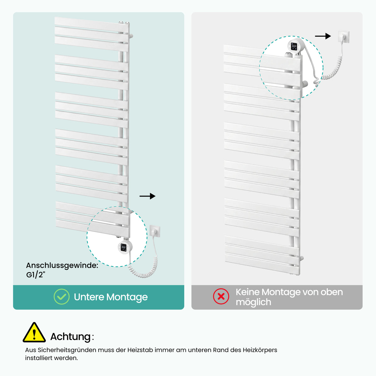 glasvilla Badheizkörper,mit Heizstab Badheizung,Handtuchheizkörper mit Seitenanschluss, Handtuchwärmer mit Heizstab 600W/900W, App-Steuerung, Thermostat und Timerfunktion,FN con Heizstab-03