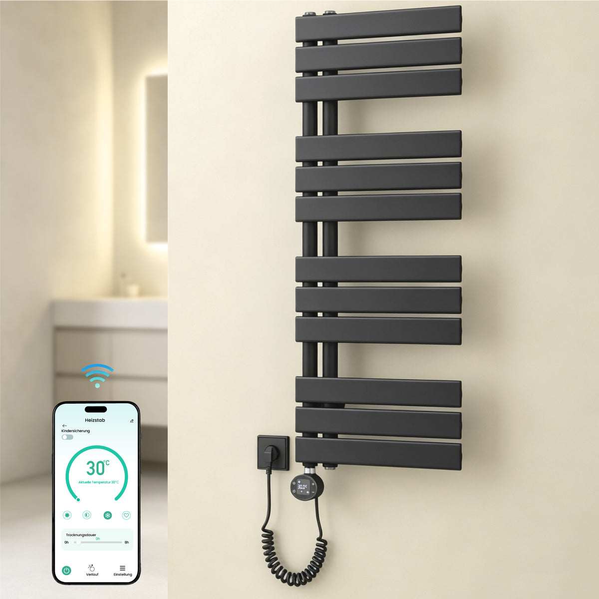 glasvilla Badheizkörper,mit Heizstab Badheizung,Handtuchheizkörper mit Seitenanschluss, Handtuchwärmer mit Heizstab 600W/900W, App-Steuerung, Thermostat und Timerfunktion,FN con Heizstab-03