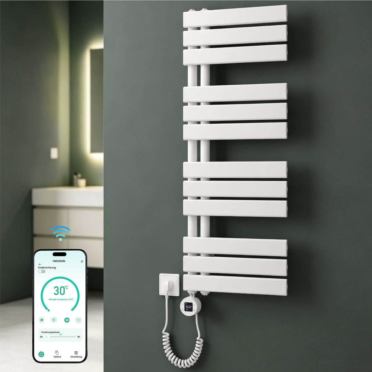 glasvilla Badheizkörper,mit Heizstab Badheizung,Handtuchheizkörper mit Seitenanschluss, Handtuchwärmer mit Heizstab 600W/900W, App-Steuerung, Thermostat und Timerfunktion,FN con Heizstab-03