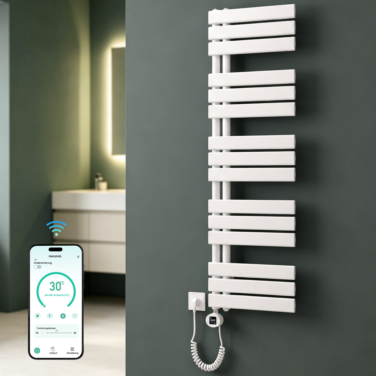 glasvilla Badheizkörper,mit Heizstab Badheizung,Handtuchheizkörper mit Seitenanschluss, Handtuchwärmer mit Heizstab 600W/900W, App-Steuerung, Thermostat und Timerfunktion,FN con Heizstab-03