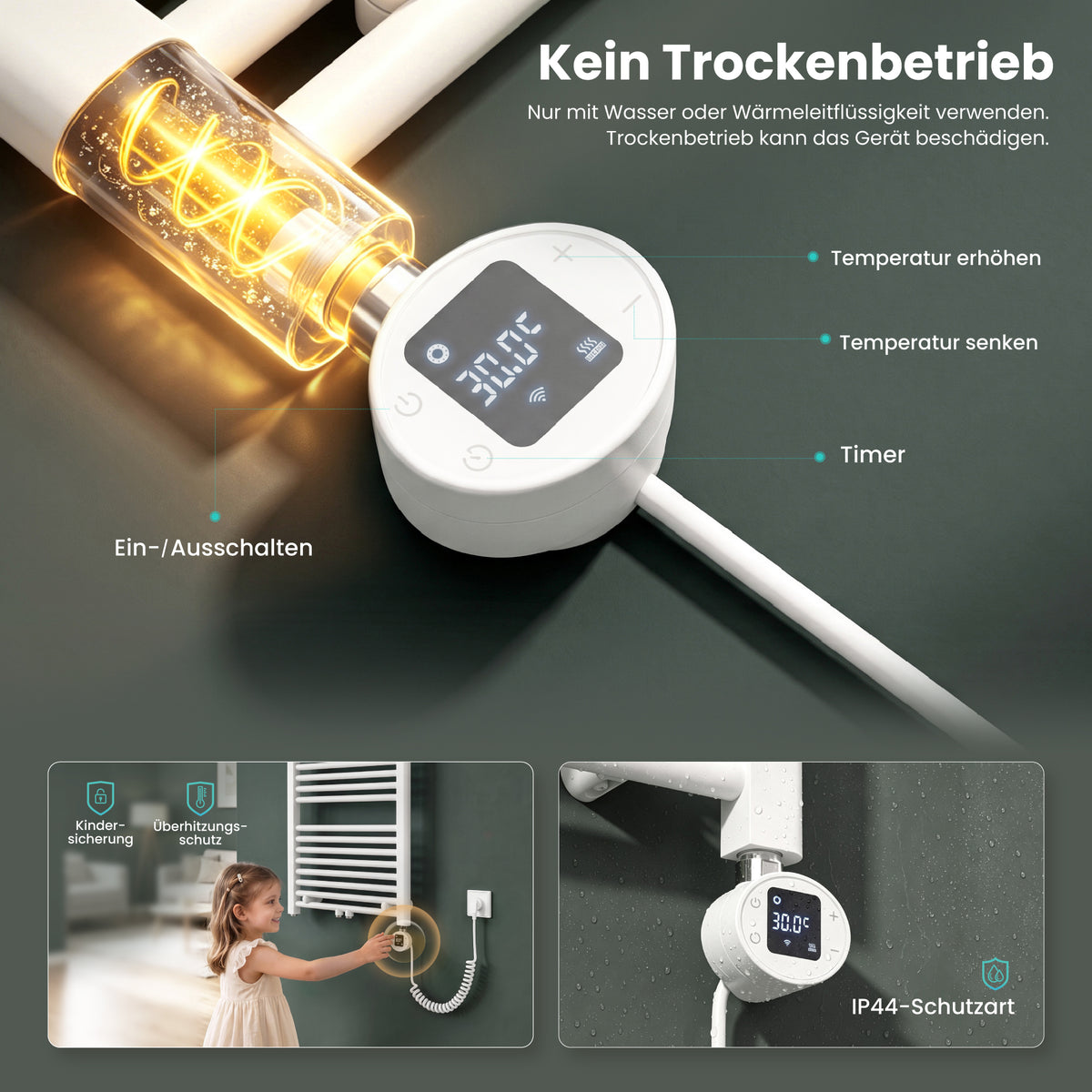 glasvilla Badheizkörper mit Heizstab Badheizung Handtuchheizkörper elektrisch mit App-Steuerung, Thermostat & Timer-Funktion, Röhrenheizkörper Seitenanschluss