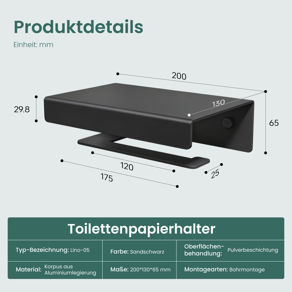 glasvilla Toilettenpapierhalter mit Ablage, Klopapierhalter WC aus Aluminiumlegierung, Toilettenpapier Halterung Rollenhalter Lino-05