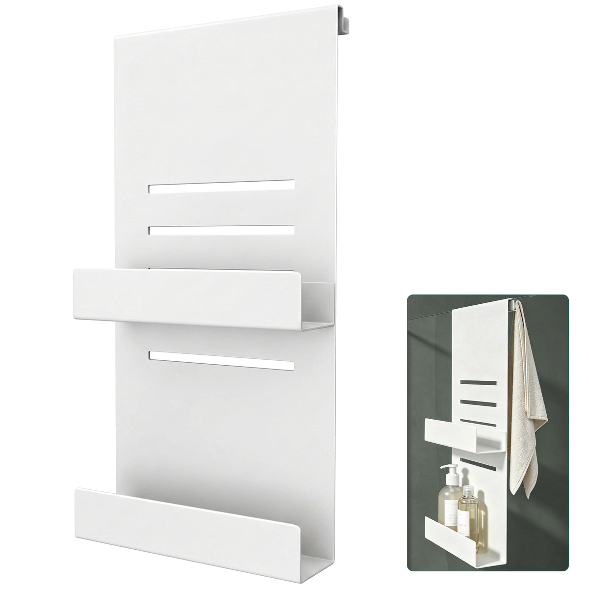 glasvilla Duschablage zum Hängen, Duschregal Ohne Bohren für Glasduschtüren, Hängeregal mit 2 Etagen und 3 Haken, Badezimmer Organizer Oryne-01