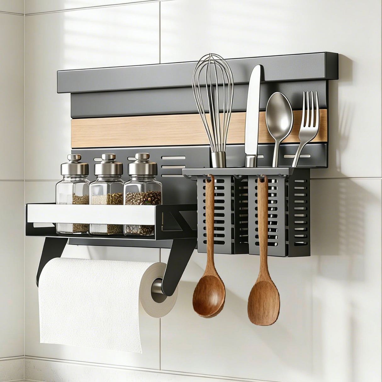 glasvilla Porta Spezie con Supporto per Cellulare o Porta Rotolo, Porta Coperchi a 3 Livelli e Porta Mestoli con 5 Ganci da Cucina, da Appendere con Guide, Reglo-09-12