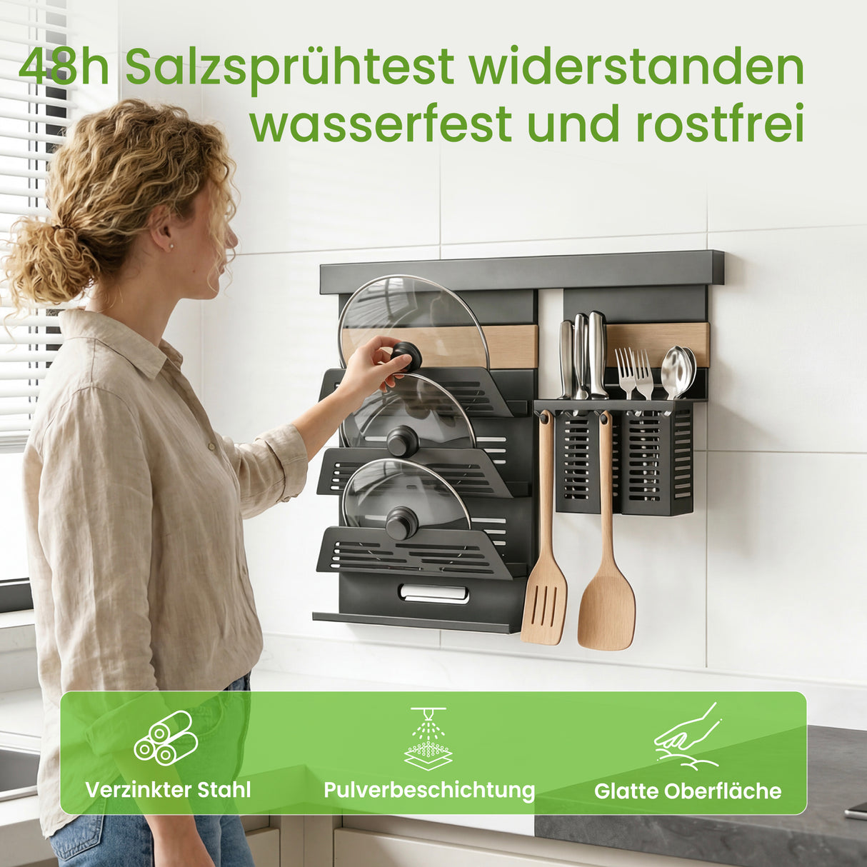 glasvilla Porta Spezie con Supporto per Cellulare o Porta Rotolo, Porta Coperchi a 3 Livelli e Porta Mestoli con 5 Ganci da Cucina, da Appendere con Guide, Reglo-09-12
