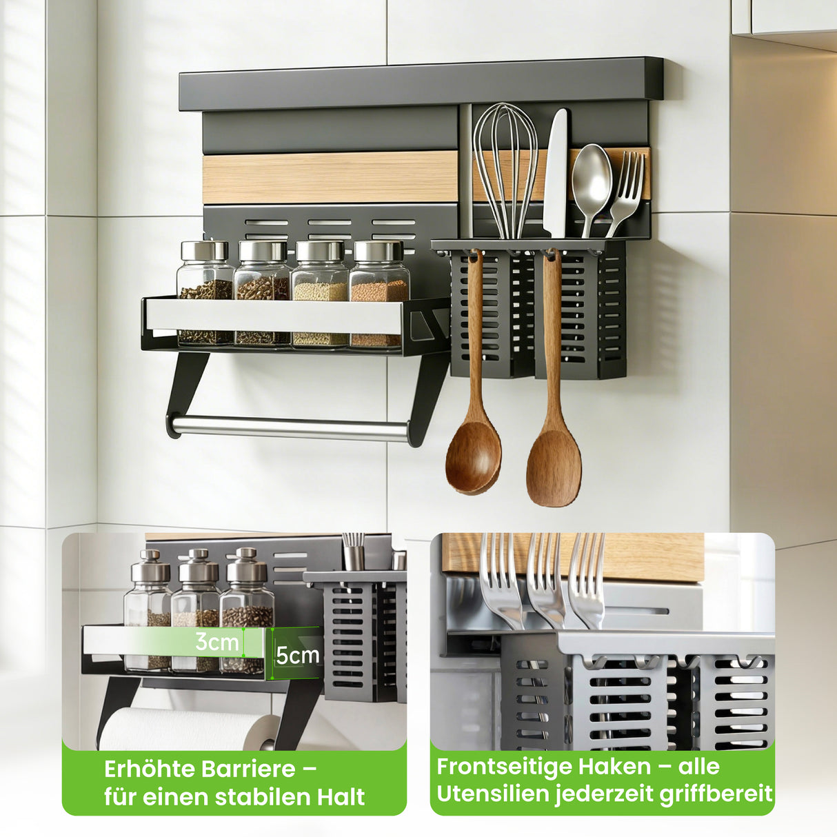 glasvilla Porta Spezie con Supporto per Cellulare o Porta Rotolo, Porta Coperchi a 3 Livelli e Porta Mestoli con 5 Ganci da Cucina, da Appendere con Guide, Reglo-09-12