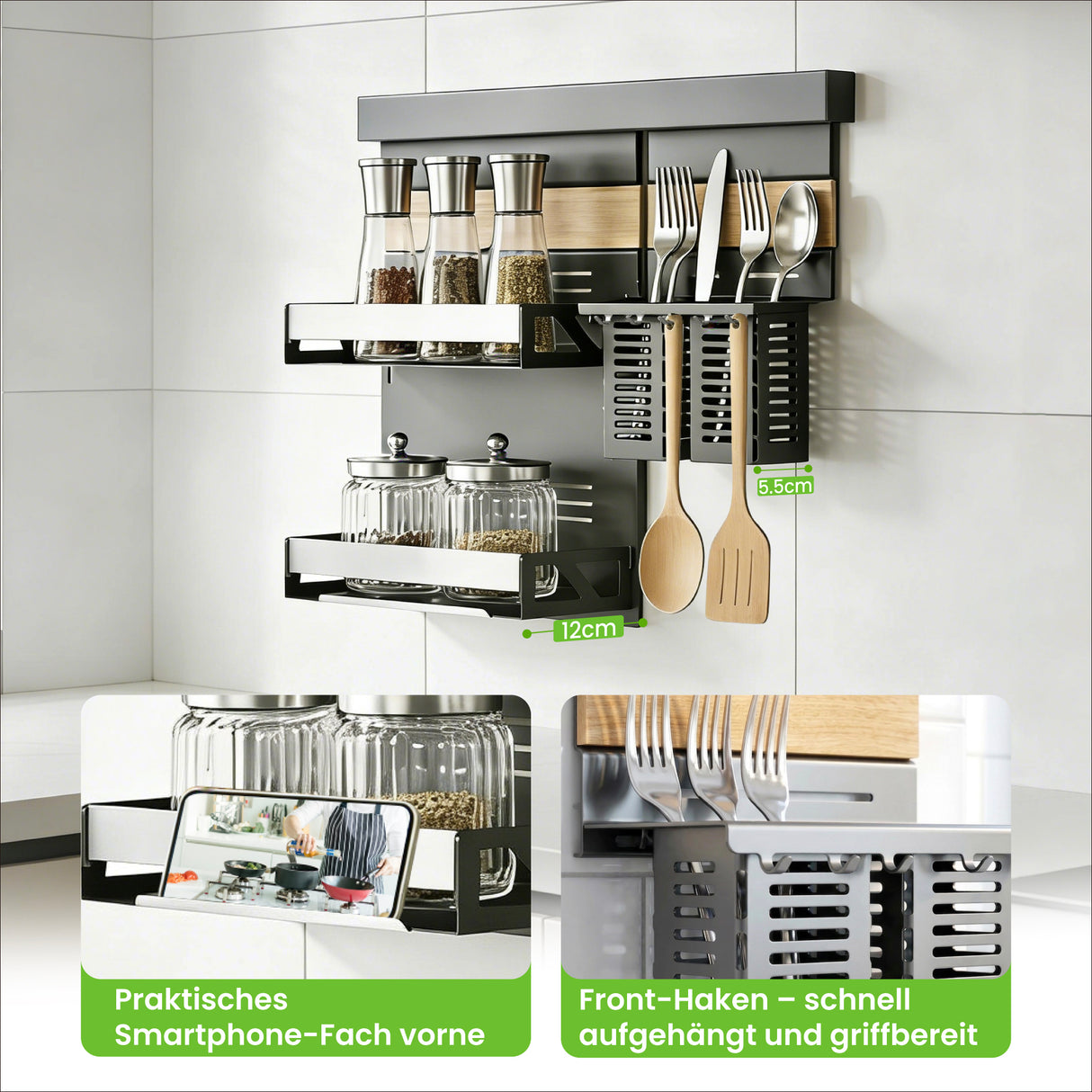 glasvilla Porta Spezie con Supporto per Cellulare o Porta Rotolo, Porta Coperchi a 3 Livelli e Porta Mestoli con 5 Ganci da Cucina, da Appendere con Guide, Reglo-09-12